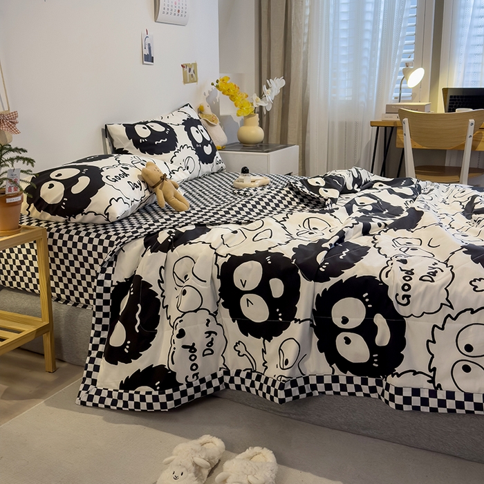 91家纺网 家纺一手货源 找家纺 怡家居 2023新款全棉小清新手包边夏被四件套 小煤球