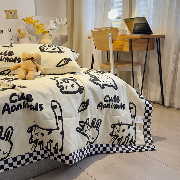 91家纺网 家纺一手货源 找家纺 怡家居 2023新款全棉小清新手包边夏被四件套 涂鸦