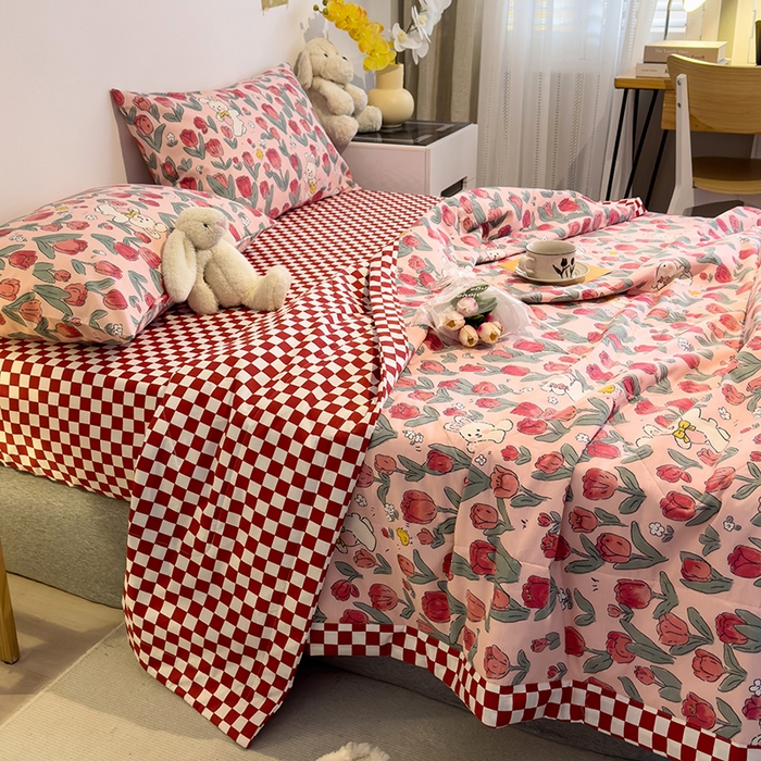 91家纺网 家纺一手货源 找家纺 怡家居 2023新款全棉小清新手包边夏被四件套 悠悠兔