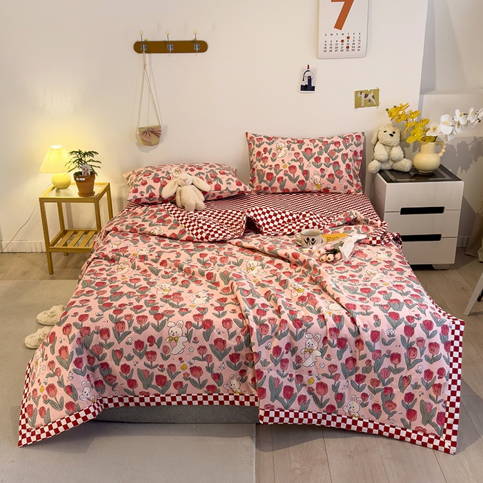 91家纺网 家纺一手货源 找家纺 怡家居 2023新款全棉小清新手包边夏被四件套 悠悠兔