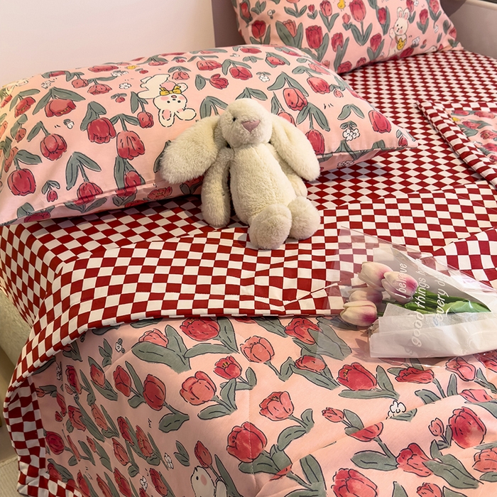 91家纺网 家纺一手货源 找家纺 怡家居 2023新款全棉小清新手包边夏被四件套 悠悠兔