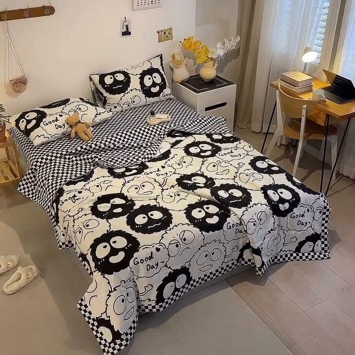 91家纺网 家纺一手货源 找家纺 怡家居 2023新款全棉小清新手包边夏被四件套 小煤球