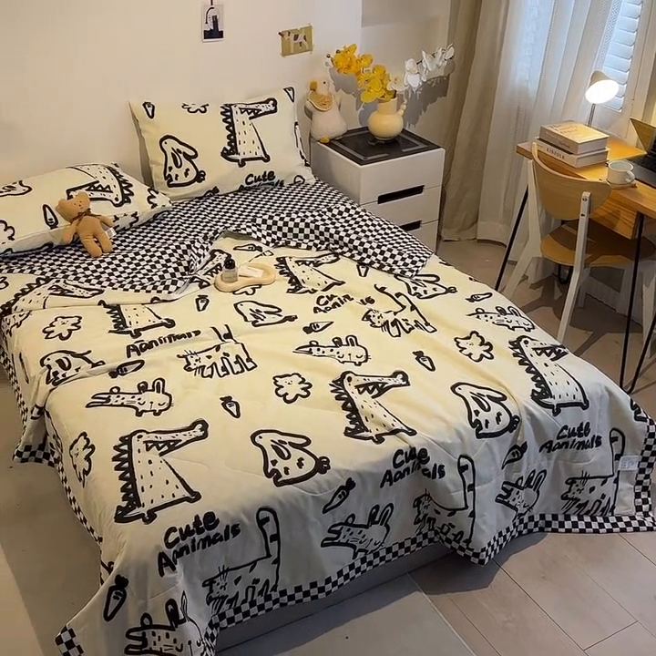 91家纺网 家纺一手货源 找家纺 怡家居 2023新款全棉小清新手包边夏被四件套 涂鸦