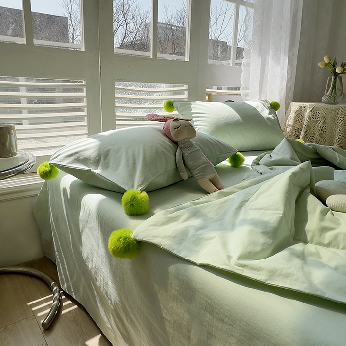 91家纺网 家纺一手货源 找家纺 怡家居 2023新款水洗棉可脱卸球球夏被四件套 抹茶