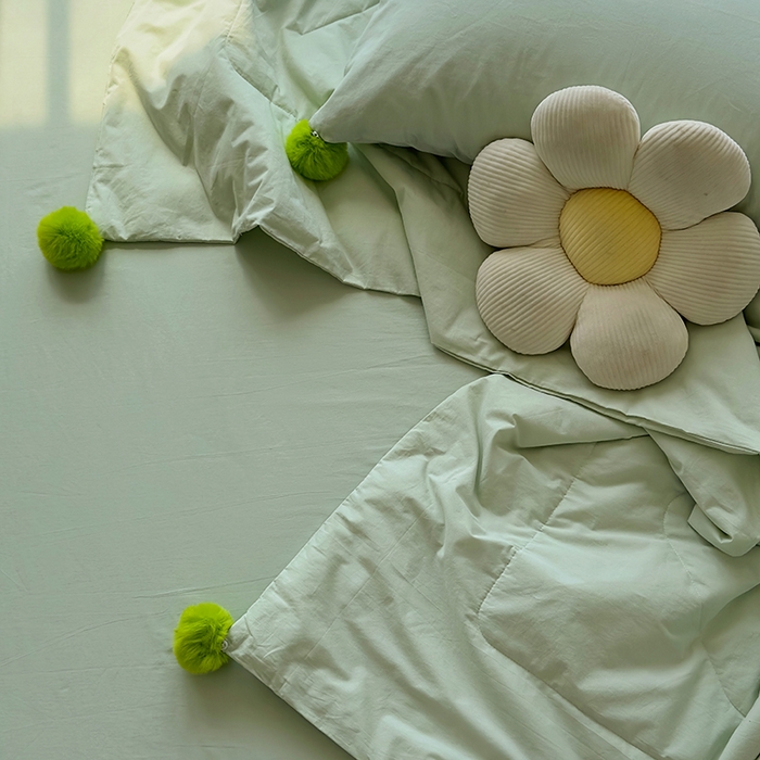 91家纺网 家纺一手货源 找家纺 怡家居 2023新款水洗棉可脱卸球球夏被四件套 抹茶