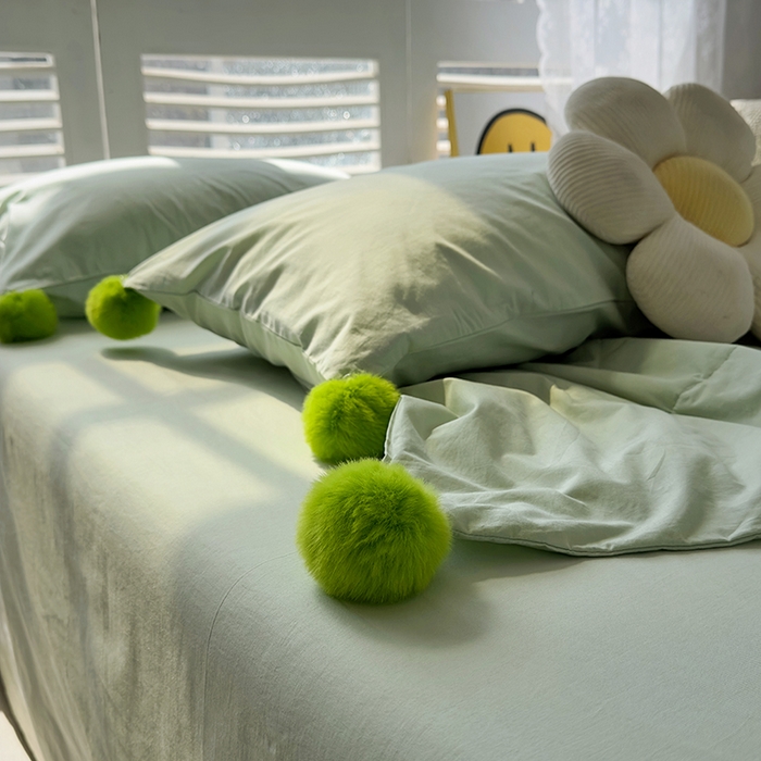 91家纺网 家纺一手货源 找家纺 怡家居 2023新款水洗棉可脱卸球球夏被四件套 抹茶