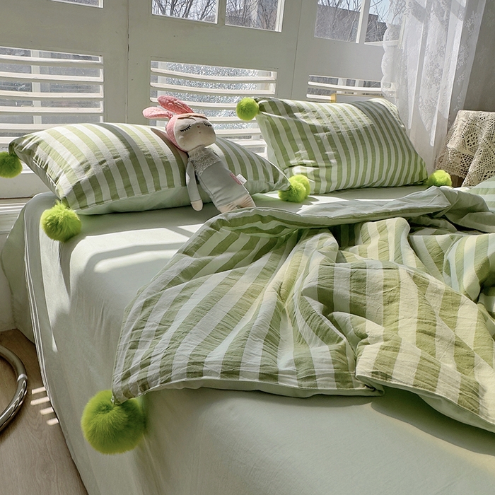 91家纺网 家纺一手货源 找家纺 怡家居 2023新款水洗棉可脱卸球球夏被四件套 青柠