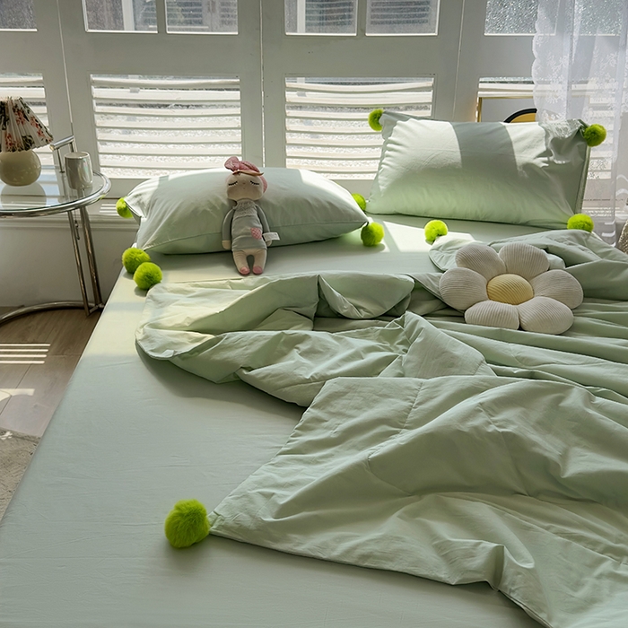 91家纺网 家纺一手货源 找家纺 怡家居 2023新款水洗棉可脱卸球球夏被四件套 抹茶