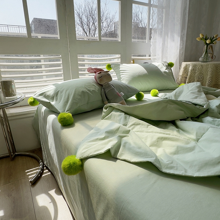 91家纺网 家纺一手货源 找家纺 怡家居 2023新款水洗棉可脱卸球球夏被四件套 抹茶