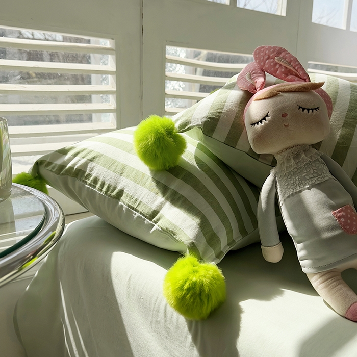 91家纺网 家纺一手货源 找家纺 怡家居 2023新款水洗棉可脱卸球球夏被四件套 青柠