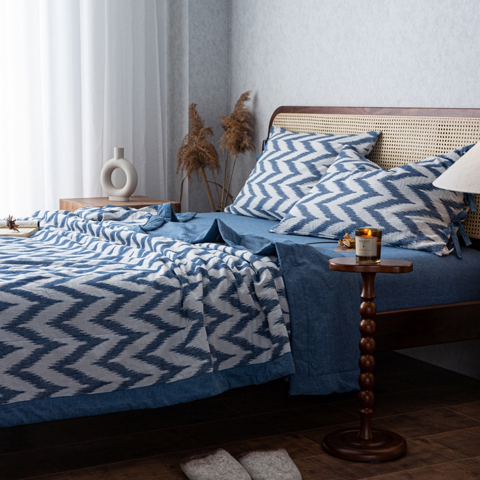 91家纺网 家纺一手货源 找家纺 安莱生活 2023新款双层纱复古大提花系列海澜夏被及夏被四件套 海澜蓝