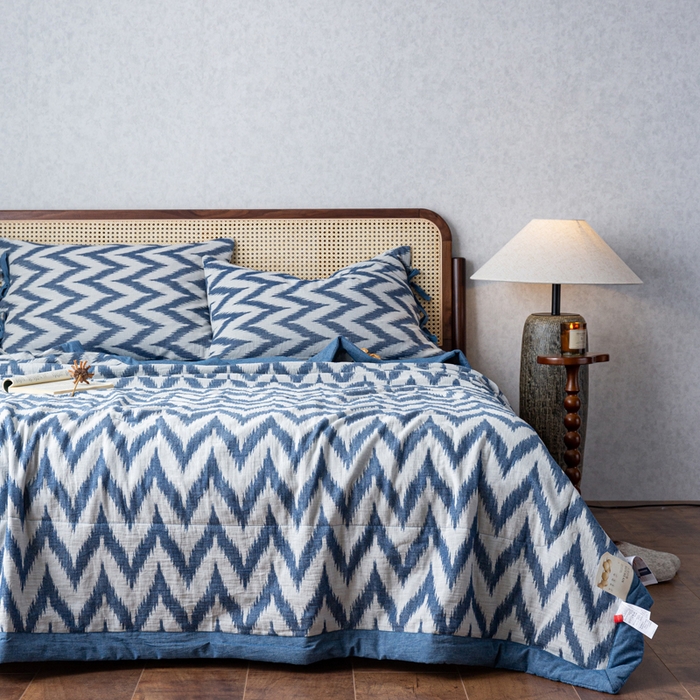 91家纺网 家纺一手货源 找家纺 安莱生活 2023新款双层纱复古大提花系列海澜夏被及夏被四件套 海澜蓝