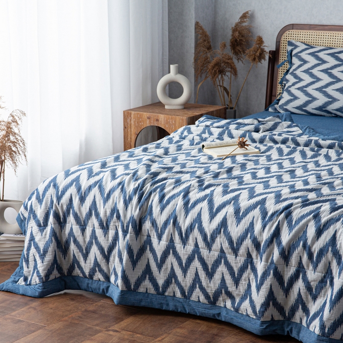 91家纺网 家纺一手货源 找家纺 安莱生活 2023新款双层纱复古大提花系列海澜夏被及夏被四件套 海澜蓝