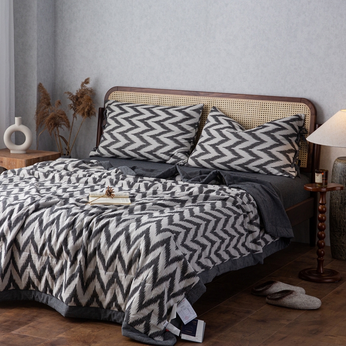 91家纺网 家纺一手货源 找家纺 安莱生活 2023新款双层纱复古大提花系列海澜夏被及夏被四件套 海澜黑