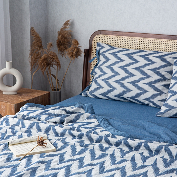 91家纺网 家纺一手货源 找家纺 安莱生活 2023新款双层纱复古大提花系列海澜夏被及夏被四件套 海澜蓝