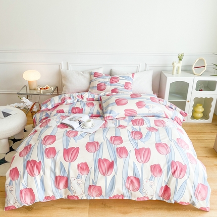 91家纺网 家纺一手货源 找家纺 珺柔家纺 2023新款13372全棉印花四件套 粉色郁金香 