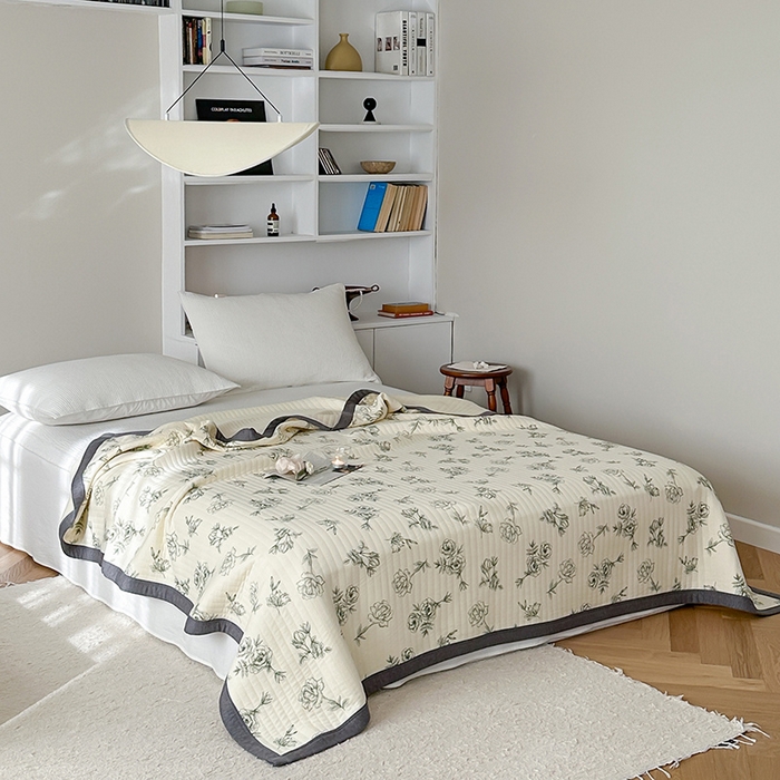 91家纺网 家纺一手货源 找家纺 吾秀 2023新款A类棉代尔针织棉毯 法式玫瑰（绿）