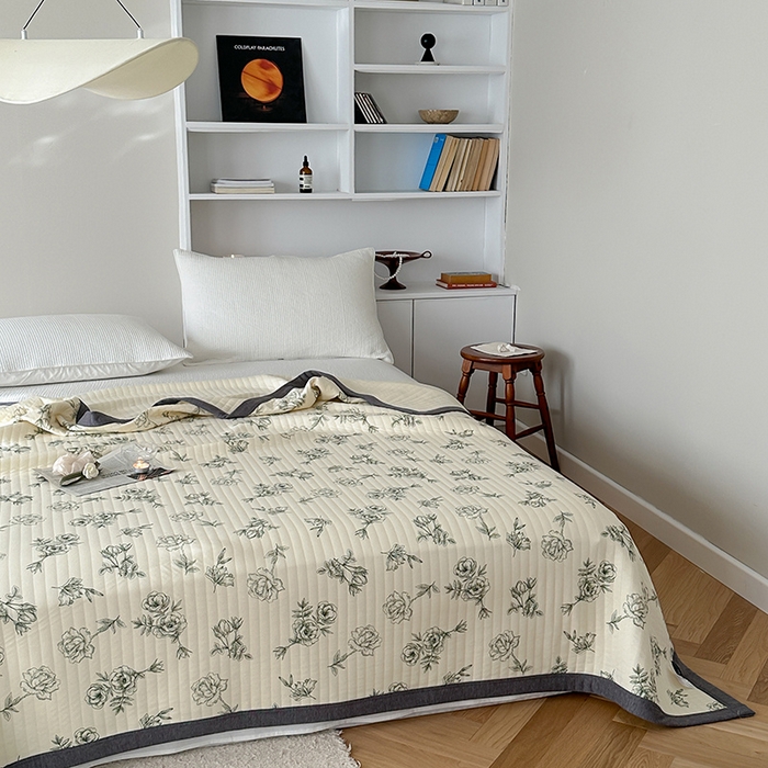 91家纺网 家纺一手货源 找家纺 吾秀 2023新款A类棉代尔针织棉毯 法式玫瑰（绿）