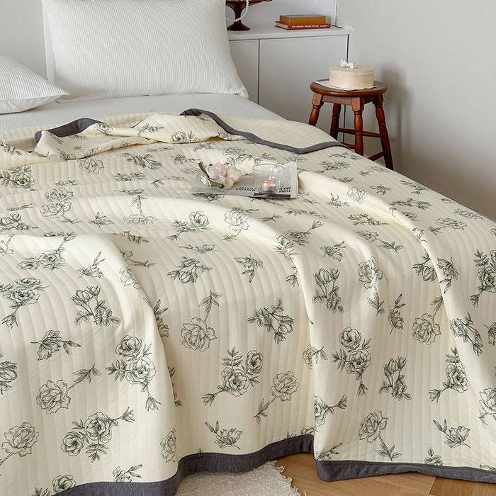 91家纺网 家纺一手货源 找家纺 吾秀 2023新款A类棉代尔针织棉毯 法式玫瑰（绿）