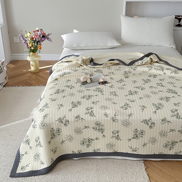 91家纺网 家纺一手货源 找家纺 吾秀 2023新款A类棉代尔针织棉毯 法式玫瑰（绿）