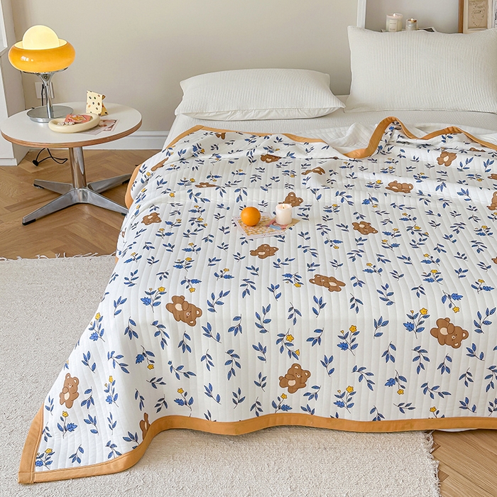 91家纺网 家纺一手货源 找家纺 吾秀 2023新款A类棉代尔针织棉毯 花蜜小熊（蓝）