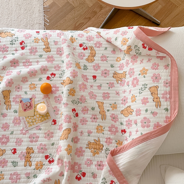 91家纺网 家纺一手货源 找家纺 吾秀 2023新款A类棉代尔针织棉毯 菲菲兔（粉）