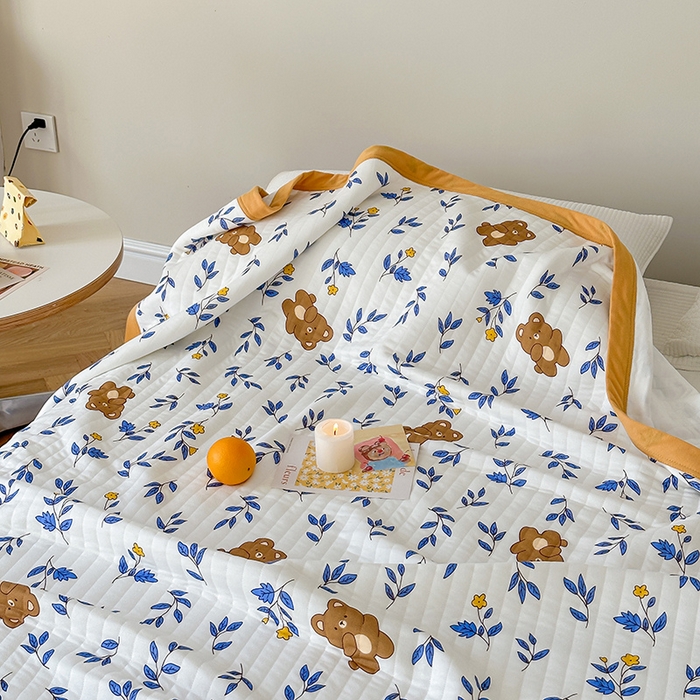 91家纺网 家纺一手货源 找家纺 吾秀 2023新款A类棉代尔针织棉毯 花蜜小熊（蓝）