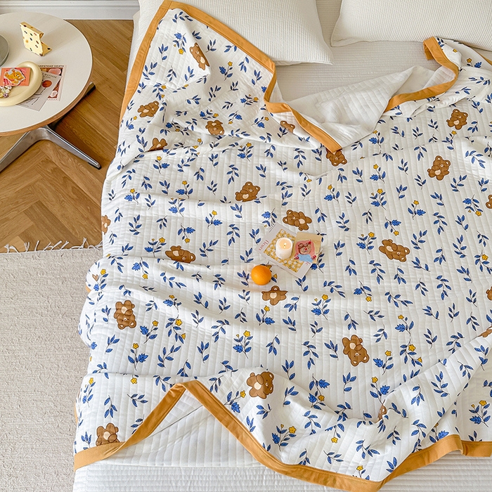 91家纺网 家纺一手货源 找家纺 吾秀 2023新款A类棉代尔针织棉毯 花蜜小熊（蓝）