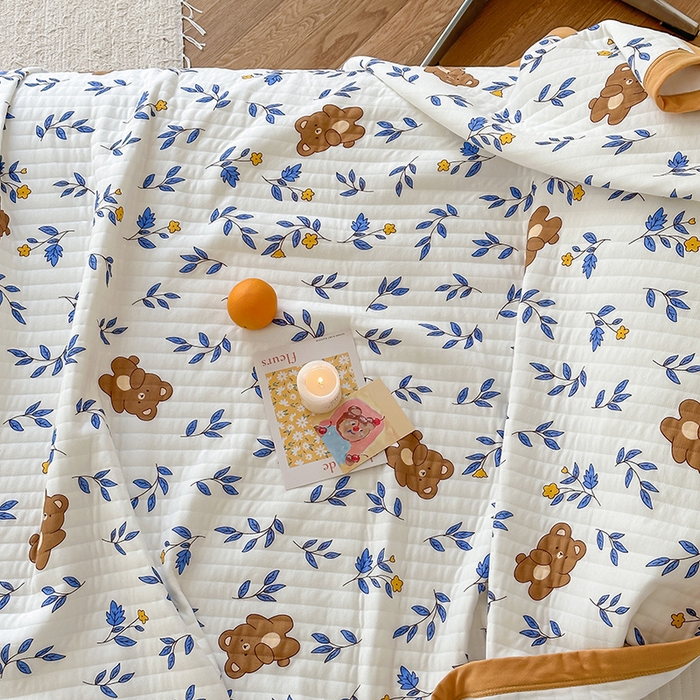 91家纺网 家纺一手货源 找家纺 吾秀 2023新款A类棉代尔针织棉毯 花蜜小熊（蓝）