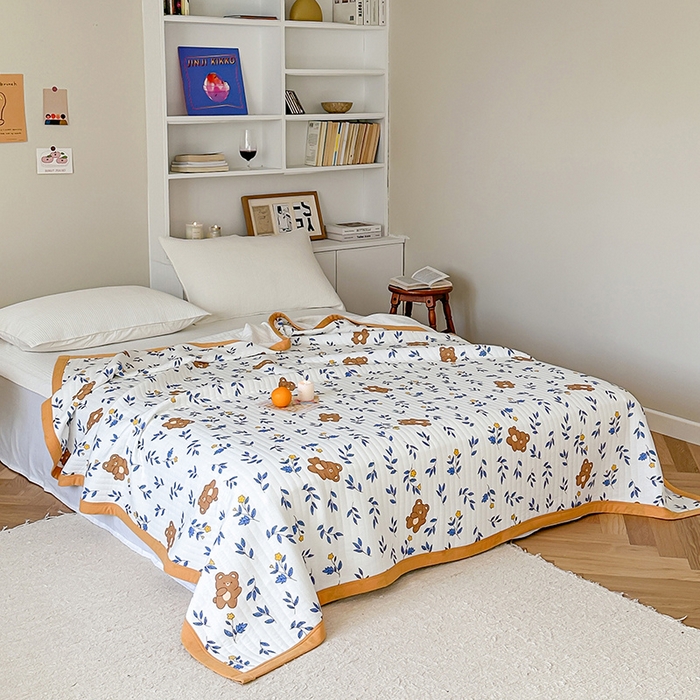 91家纺网 家纺一手货源 找家纺 吾秀 2023新款A类棉代尔针织棉毯 花蜜小熊（蓝）