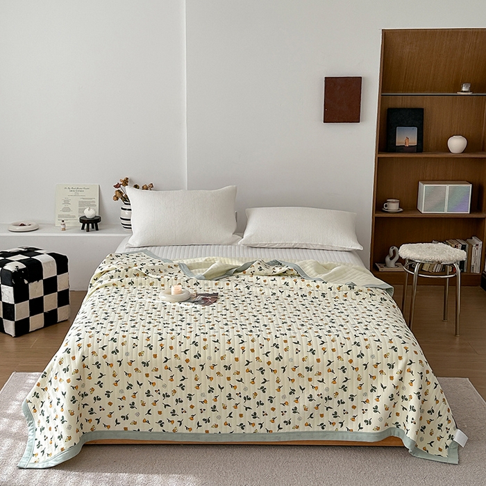 91家纺网 家纺一手货源 找家纺 吾秀 2023新款A类棉代尔针织棉毯 木槿花（绿）