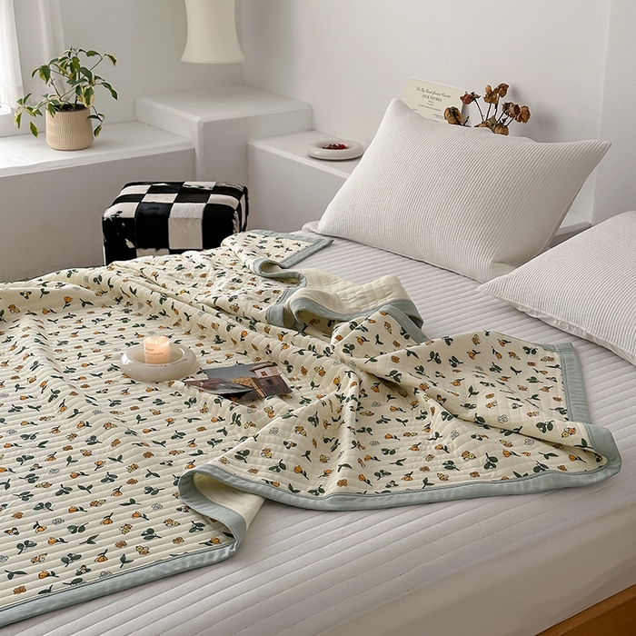 91家纺网 家纺一手货源 找家纺 吾秀 2023新款A类棉代尔针织棉毯 木槿花（绿）