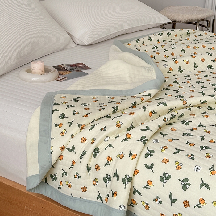 91家纺网 家纺一手货源 找家纺 吾秀 2023新款A类棉代尔针织棉毯 木槿花（绿）