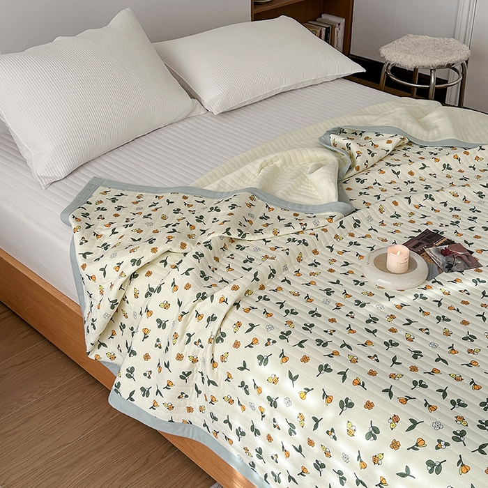 91家纺网 家纺一手货源 找家纺 吾秀 2023新款A类棉代尔针织棉毯 木槿花（绿）