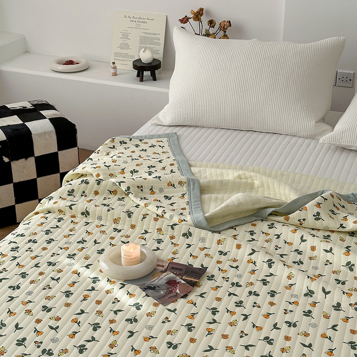 91家纺网 家纺一手货源 找家纺 吾秀 2023新款A类棉代尔针织棉毯 木槿花（绿）