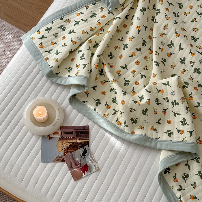 91家纺网 家纺一手货源 找家纺 吾秀 2023新款A类棉代尔针织棉毯 木槿花（绿）