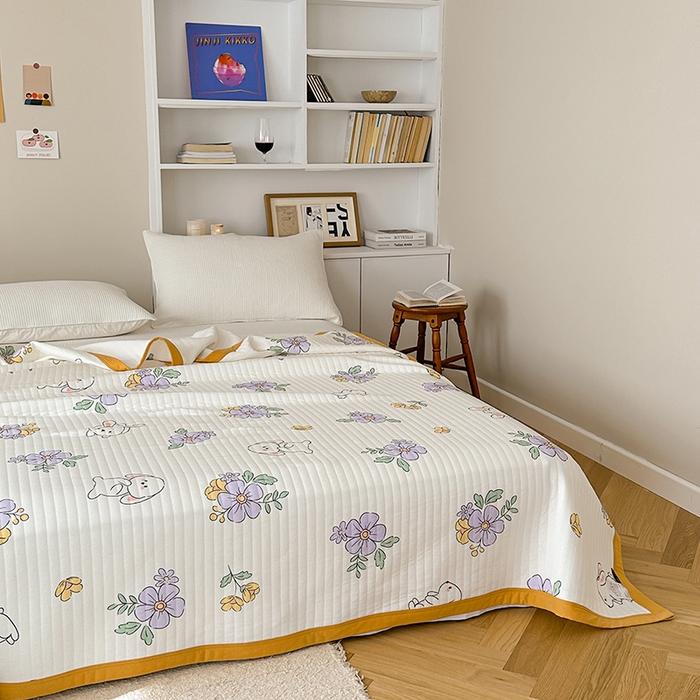 91家纺网 家纺一手货源 找家纺 吾秀 2023新款A类棉代尔针织棉毯 甜心小兔（米白）