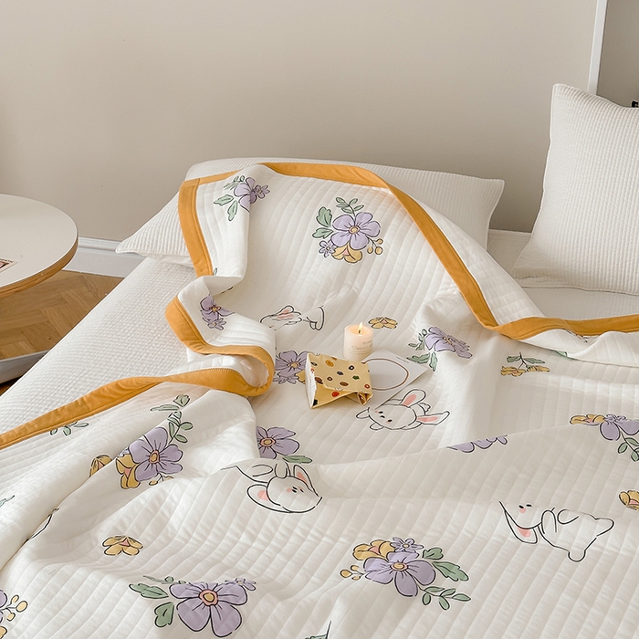 91家纺网 家纺一手货源 找家纺 吾秀 2023新款A类棉代尔针织棉毯 甜心小兔（米白）