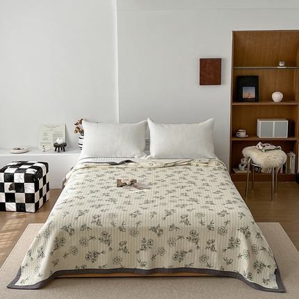 91家纺网 家纺一手货源 找家纺 吾秀 2023新款A类棉代尔针织棉毯 法式玫瑰（绿）