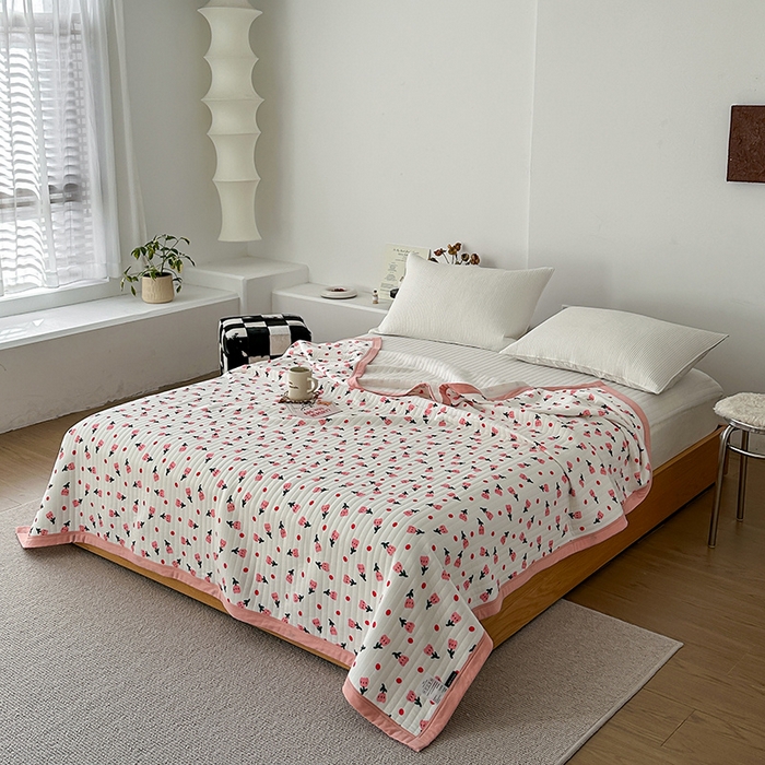 91家纺网 家纺一手货源 找家纺 吾秀 2023新款A类棉代尔针织棉毯 郁金香（粉）