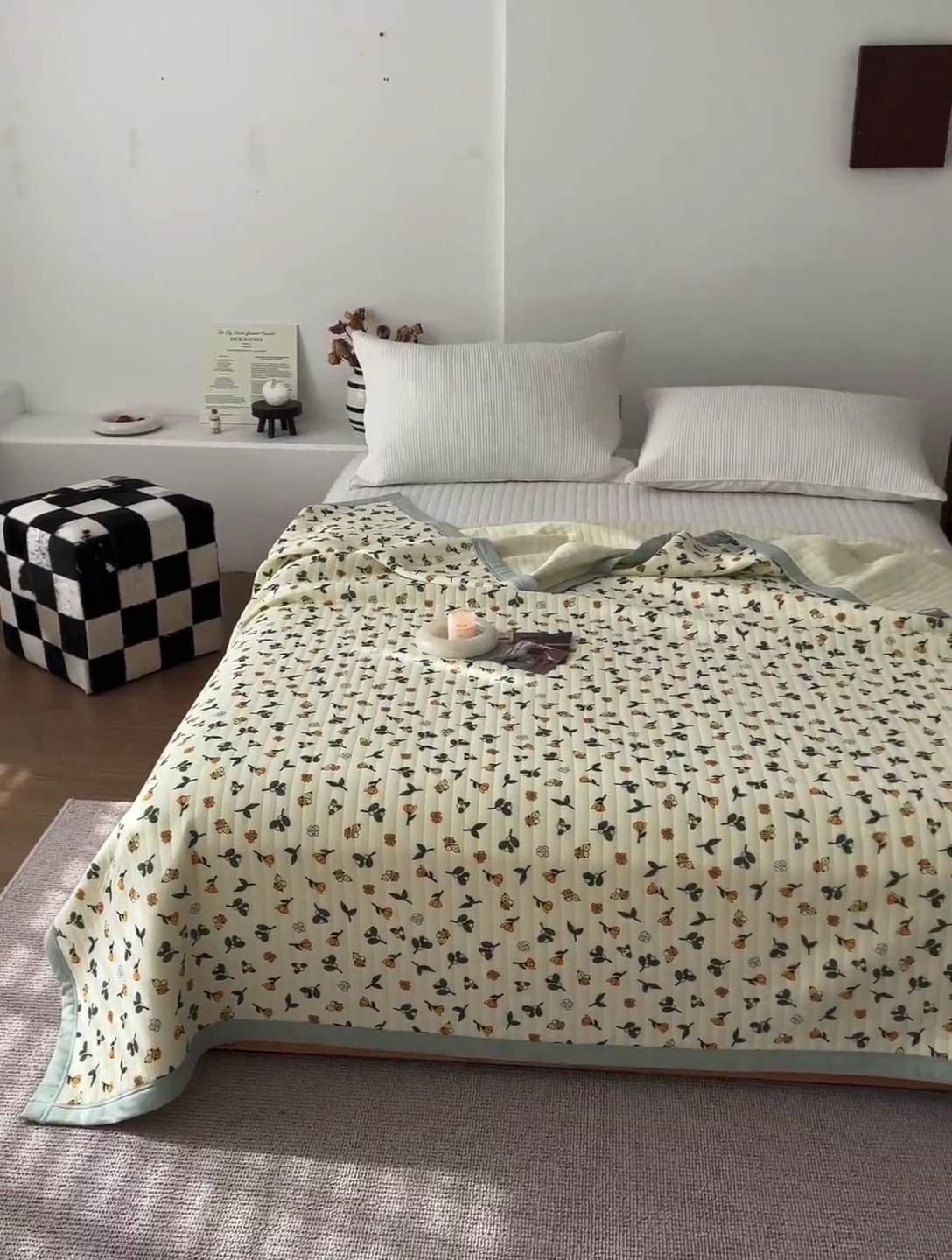 91家纺网 家纺一手货源 找家纺 吾秀 2023新款A类棉代尔针织棉毯 木槿花（绿）