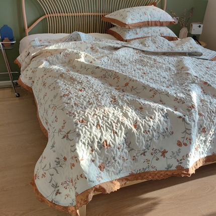 91家纺网 家纺一手货源 找家纺 舒居 2023新款A类双面水洗棉麻工艺床盖款夏被铺盖两用 海棠花