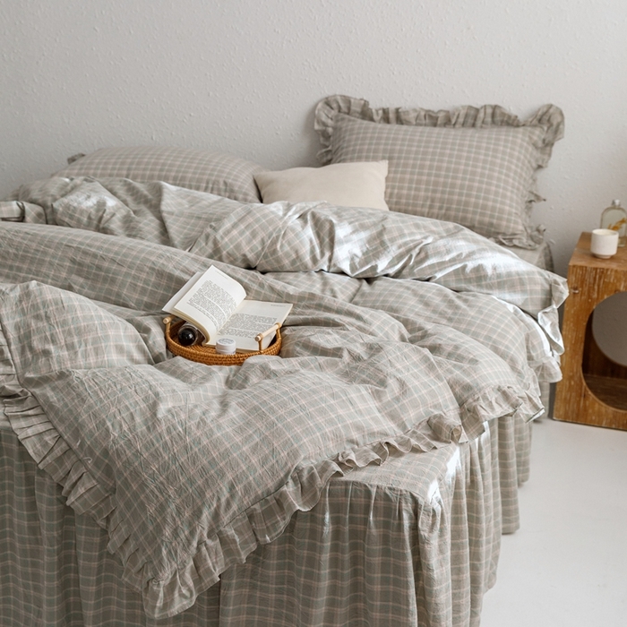 91家纺网 家纺一手货源 找家纺 忘忧草2023新款全棉色织水洗棉床裙款四件套  伯克利-绿