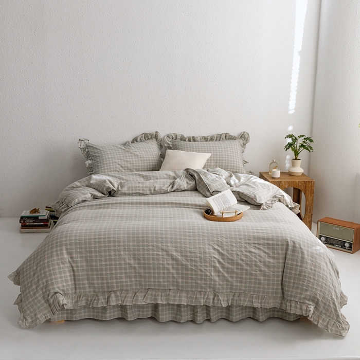 91家纺网 家纺一手货源 找家纺 忘忧草2023新款全棉色织水洗棉床裙款四件套  伯克利-绿