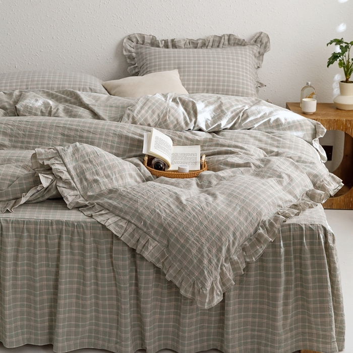 91家纺网 家纺一手货源 找家纺 忘忧草2023新款全棉色织水洗棉床裙款四件套  伯克利-绿