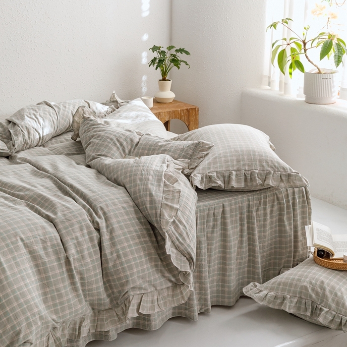 91家纺网 家纺一手货源 找家纺 忘忧草2023新款全棉色织水洗棉床裙款四件套  伯克利-绿