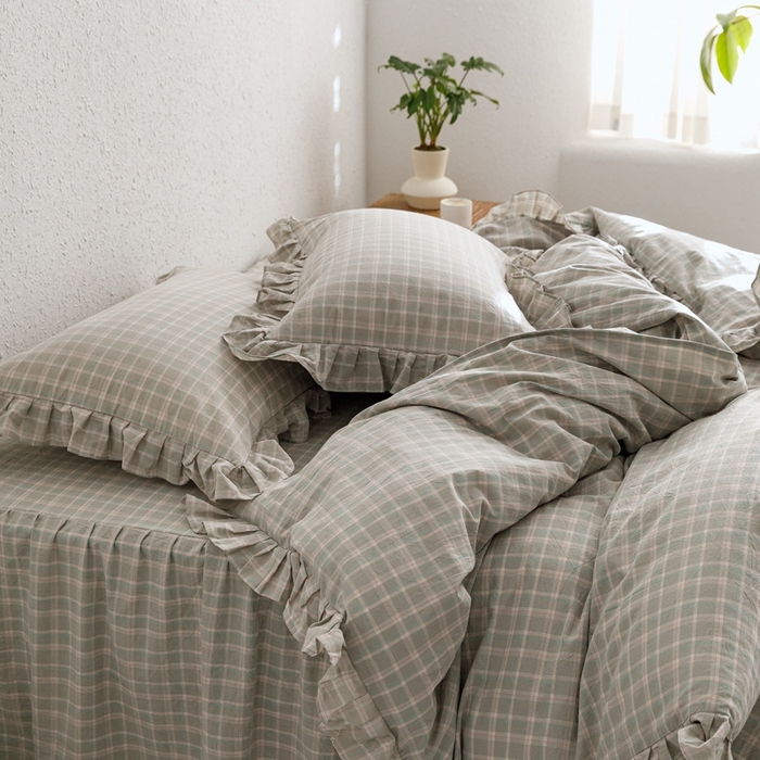 91家纺网 家纺一手货源 找家纺 忘忧草2023新款全棉色织水洗棉床裙款四件套  伯克利-绿