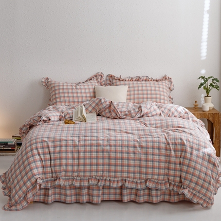 忘忧草2023新款全棉色织水洗棉床裙款四件套  春风曲-粉