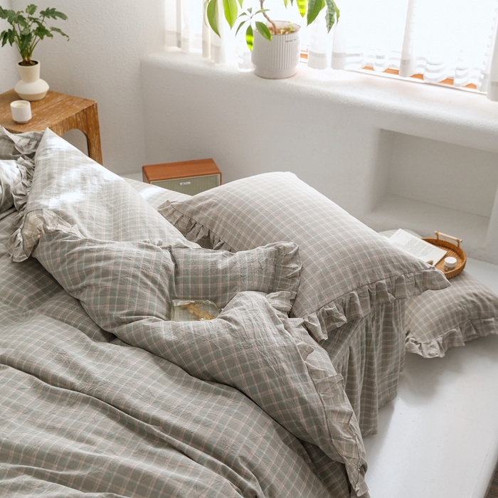 91家纺网 家纺一手货源 找家纺 忘忧草2023新款全棉色织水洗棉床裙款四件套  伯克利-绿