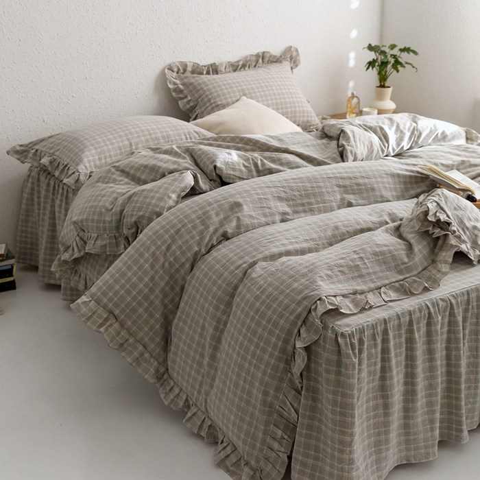 91家纺网 家纺一手货源 找家纺 忘忧草2023新款全棉色织水洗棉床裙款四件套  伯克利-绿